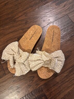 Lucky Brand Natural Beige Knotted Fabric Cork Slide Mules